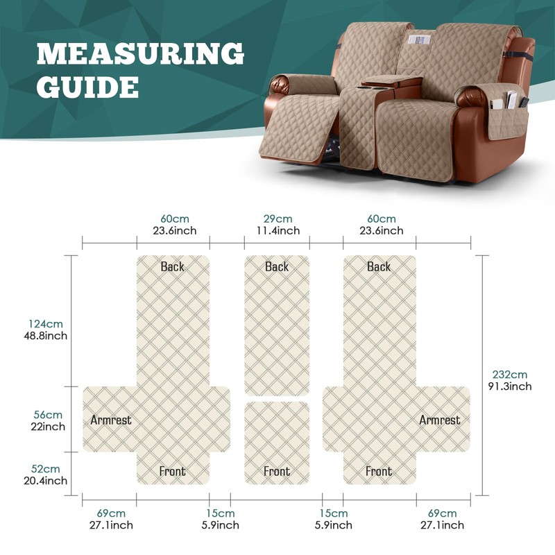 Ruaozz Waterproof Loveseat Recliner Cover with Console Non-Slip Reclining Couch