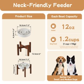 Havniva Ceramic 1.2 Cup Raised Slow Feeder Dog Bowl Set, Elevated Acacia Wood Stand for Medium and Small Dog, 7.3inch Slow Dish, Stop Bloat(Single Bowl+ Stand, Reactived Glaze -White)
