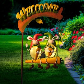 HONGLAND Solar Lights Outdoor Decor, Rabbit Swing Garden Decor, Funny Gardening Gifts for Women Mom, Gnomes Outdoor Decorations with Welcome Sign for Front Porch Patio