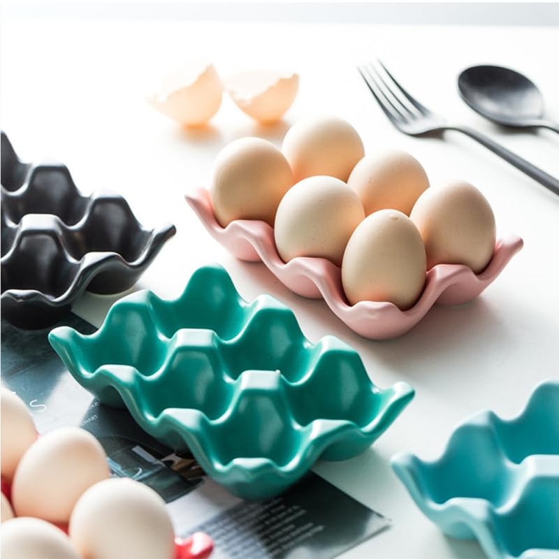 HEALEEP 6 Cups Ceramic Egg Holder for Fridge: Egg Tray