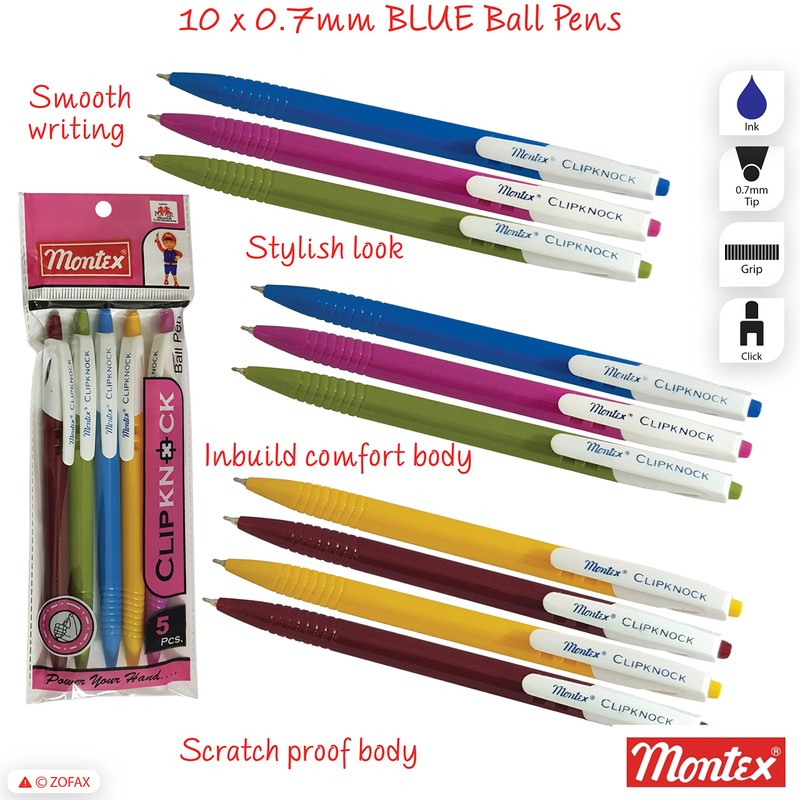 Montex 10 x 0.7mm Ball Point Pens ClipKnock BLUE Retractable