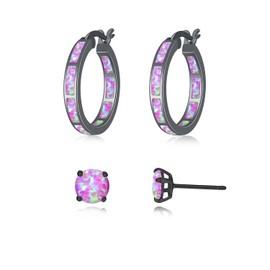 CiNily 2 Pairs Hoop Earrings Set Hypoallergenic Tiny Black Purple Opal Stud Earrings 14K Black Gold Plated Hoop Earrings for Women Men Jewelry