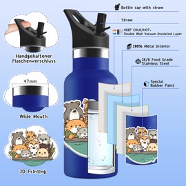 Vikaster Thermos Flask with Straw, Thermos Flask for Children, 350 ml, Keeps Hot for 12 Hours, Cold for 24 Hours, BPA-Free, Stainless Steel Drinking Bottle for Children, Schools, Cyclists, Gyms,