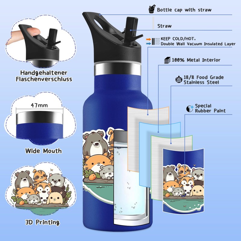 Vikaster Thermos Flask with Straw, Thermos Flask for Children, 350