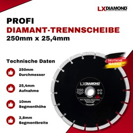LXDIAMOND Diamond Cutting Disc 250 mm x 25.4 mm - for Cutting Tables, Bridge Saws - Diamond Disc for Cutting Stone, Concrete, Brick, Masonry - 250 mm Stone Disc in Professional Quality