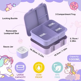 Anyiner Kids Lunch Box, Leakproof Bento Lunch Box with Multi-Compartments & Sauce Jar, Portable Snack Box Mermaid Bento Box for Kids Adults Work School, Purple Pony