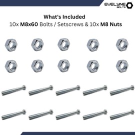 M8 Nuts & Bolt 10 Pack (M8 x 60mm Bolts & M8 Nuts) Hex Bolt/Setscrew Fully Threaded
