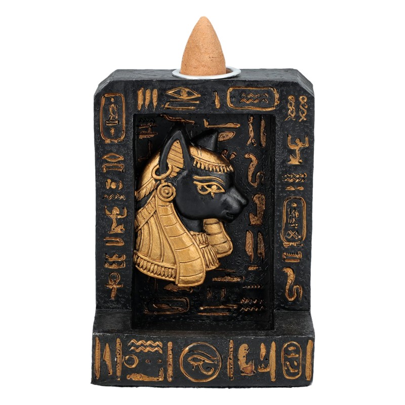 Bastet Egyptian Backflow Incense Holder, Polyresin, Black with Hieroglyphs, Hand-Painted,