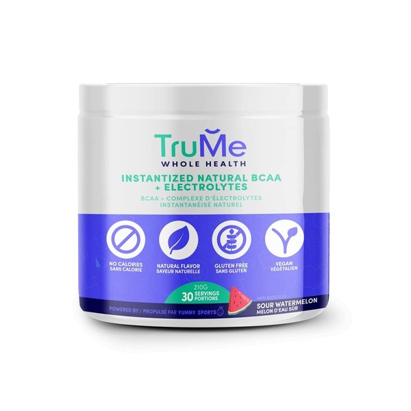 TruMe Whole Health All Natural BCAA + Electrolytes - Vegan Post Workout Supplement - Potent Electrolyte Powder - Sour Watermelon - Sugar Free, Gluten Free Hydration Powder for Muscle, Stamina - 210g