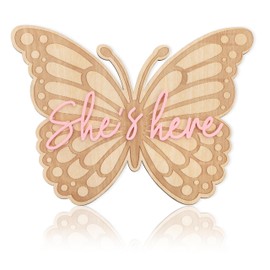 She's Here Butterfly Wooden Board - Little Princess Birth Announcement Sign,Butterfly Gender Reveal Decorations,Newborn Hospital Birth Milestone Card,Butterfly Shape She's Here Sign Photo Props