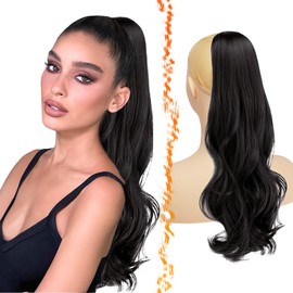 BARSDAR Black Brown Wavy Drawstring Ponytail Extension, 20 Inch Drawstring Comb Clip in Ponytail Hair Extensions for Women Natural Looking Synthetic Curly Wavy Pony Tails Hairpieces