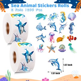 1200 Pcs Ocean Animal Stickers Roll for Kids Cute Sea Animal Sticker 2 Rolls Fish Sticker Reward Roll Stickers for Party Favor Birthday Meeting Water Bottles Notebook Decorations