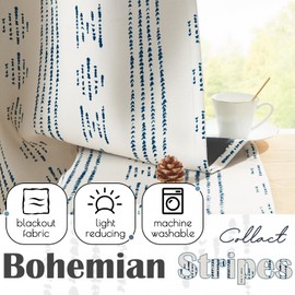 COLLACT 100% Boho Blackout Curtains for Bedroom 63 Inch Length Blue on Beige Geometric Stripe Pattern Curtains for Living Room Thermal Insulated Room Darkening Drapes Grommet Window Curtains 2 Panels
