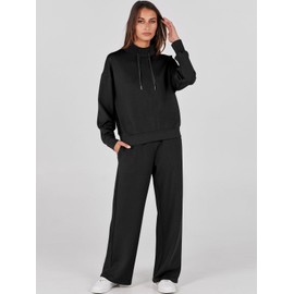 ANRABESS Womens 2 Piece Outfits Sweatsuit Set 2024 Fall Drawstring Sweatshirt Wide Leg Sweatpant Lounge Set Tracksuit Black Large