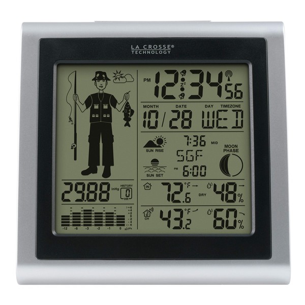 La Crosse Technology 308-1451 Atomic Forecast Station with Fisherman Icon, In/Out Temperature, Humidity, Barometer, Sunrise/Sunset, Dual Alarms