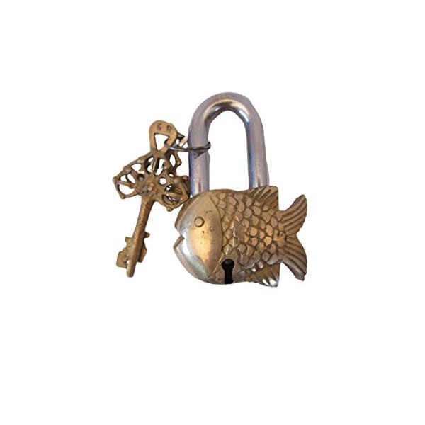 Home - Garden Brass Padlock - Lock with Keys - Working - Brass Made - Type : (Little Fish - Brass Finish (5309))