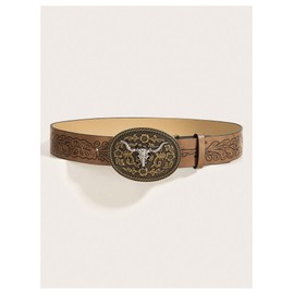 GORGLITTER - Cinturón de vaquero con hebilla en relieve para mujer, diseño clásico de piel, diseño rústico, Marrón, suit waist size:41.3-45.3"