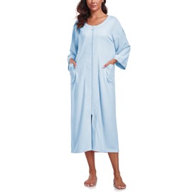 EA'S SECRET 100% Cotton Zipper Robes for Women 3/4 Sleeves Housecoat Lightweight Bathrobes Long Nightgown with Pockets, Light Blue, Medium