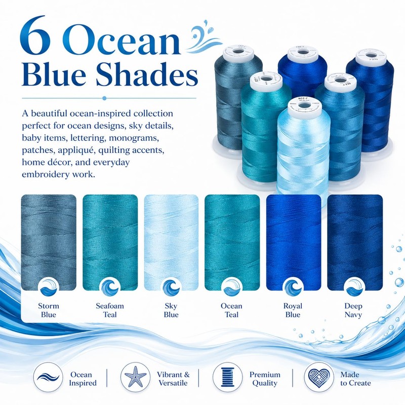 Simthread 6 Spools 3000 Yds 40WT Polyester Embroidery Thread Blue