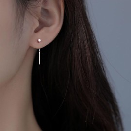 Enautoabs Silver Cube Threader Earrings Tiny Cube Stud Earrings Silver Bar Ear Threader Chain Earrings Cube Dot Threader Chain Earrings Jewelry for Women