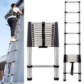 12.5FT Telescoping Extension Ladder, Heavy Duty Stainless Steel Folding Telescopic Ladder with Locking Mechanism, Multi-Purpose Collapsible Ladders RV Ladder for Home or Outdoor, 330 lbs Capacity