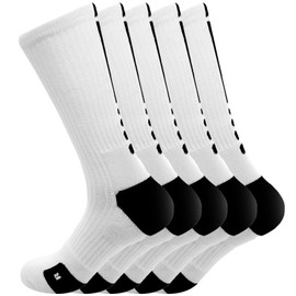 MUMUBREAL Basketball Socks Cushion Compression Crew Sock Elite Athletic Socks for Men & Women, White (5 pack)