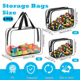 Huakaile 6 Pack Clear Travel Pouch Set, 3 Sizes Waterproof Toiletry Bag with Woven Handles, PVC Board Game Storage for Puzzle Blocks Stuffed Animal Doll Makeup Book Organization (6)