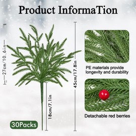 Waipfaru 30Pcs Artificial Christmas Norfolk Pine Stems (18") – Realistic Touch Branches for DIY Garland, Indoor & Outdoor Holiday Home Decor