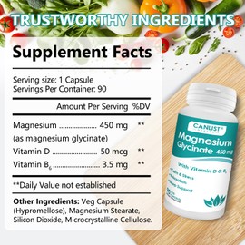 CANLIST Magnesium Glycinate Supplements 450mg for Bone & Muscle Health, Supports Deep Sleep, Muscle Relaxation & Stress Relief, High Absorption, Vegan, Non-GMO, 90 Capsules
