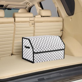 kingmise car organizers and storage for SUV,trunk organizer for sedan, leather foldable sleek box with lid,collapsible cargo bins, tool accessories containers,Chessboard pattern (White grid, Medium)