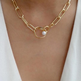 Allereya Vintage Pearl Circle Pendant Necklace Circle Pearl Necklace Single Pearl Pendant Necklace Gold Paperclip Chain Necklace Jewelry for Women and Girls