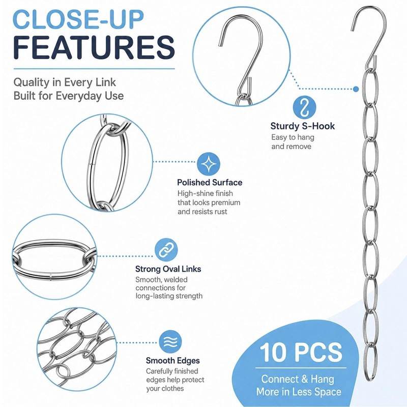 10 Pcs Clothing Chain Hanger Set, Closet Organizer, Metal Hanger