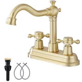 Bathroom Faucet Brushed Gold GGStudy 2 Handles 4 Inches Centerset Bathroom Vanity with Drain Assembly and Supply Hose Lavatory Mixer Double Handle Tap