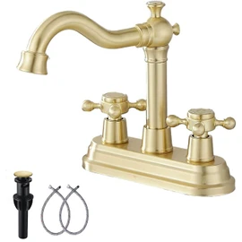 Bathroom Faucet Brushed Gold GGStudy 2 Handles 4 Inches Centerset Bathroom Vanity with Drain Assembly and Supply Hose Lavatory Mixer Double Handle Tap