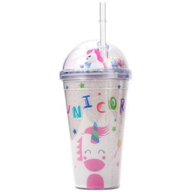 Forreen Cup with Straw and Lid, 450 ml Plastic Cup, Reusable Double-Walled Plastic Unicorn Drinking Cup for Children Adults