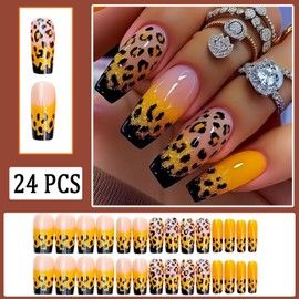 Yellow Leopard Print Press on Nails Medium Coffin Fake Nails with Designs Leopard Gradient Glitter French Tips False Nails Yellow Acrylic Glossy Full Cover Artificial Stick on Nails for Women 24Pcs