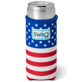 Swig Life Skinny Can Coolie, 12oz Slim Can Holder, Neoprene Insulated Can Cooler with Pocket, Can Covers for Tall Beer Bottles, Beach Accessories for Women (All American)