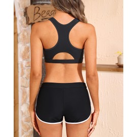 Tempt Me Women Two Piece Sports Bikini Athletic Swimsuits Racerback Crop Top with Boy Shorts Bathing Suits for Girls Vests, Black 1, XX-Small