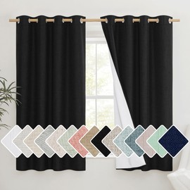 NICETOWN Vintage Open Linen Weave Flax Thermal Curtains, 100% Blackout Curtains 48 inches Long for Dining Room, Soundproof Window Treatment Drapes for Cupboard, Black, 52" Wide Per Panel, Set of 2