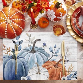 Fall Placemats Blue Pumpkin Place Mats for Dining Room Dinner Table Leaves Floral Wood Grain Washable Table Mats Thanksgiving Kitchen Decorations Set of 4