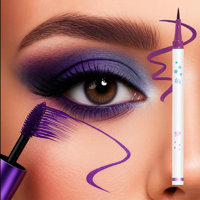 5D Purple Mascara & Eyeliner Set, Waterproof Mascara for Women