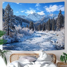 AMM Winter Forest Snow Mountain Tapestry Snowy Pine Tree Woodland Tapestry for Bedroom Aesthetic White Clouds Flowing River Landscape Tapestries Wall Hanging for Living Room Dorm Office 60 x 44 Inch