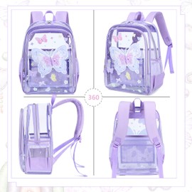 AO ALI VICTORY Clear Backpack for Boys Girls, Kids Backpack Set with Lunch Box Pencil Bag PVC Elementary Laptop Bookbag for School Students See Through Transparent Travel Back Pack, Purple Butterfly