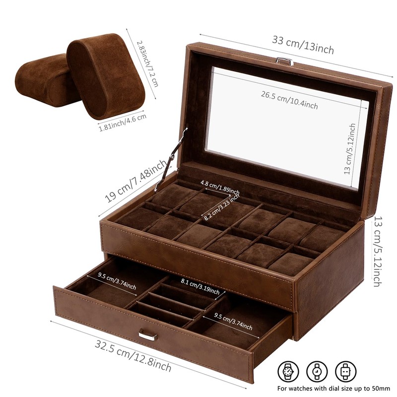 BEWISHOME Watch Box for Men, 12-Slot Watch Case, 2-Layer Watch