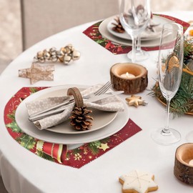 AUUXVA Christmas Red Bell Round Table Placemats Set of 4 Mats Xmas Winter Snowflakes Wedge with Centerpiece Heat Resistant Place for Outdoor Indoor Kitchen Dinning Runner (5 Pcs) 18x12 inches