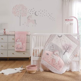 Levtex Baby - Colette Crib Bed Set - Baby Nursery Set - Grey Pink White - Unicorn - 5 Piece Set Includes Quilt, Two Fitted Sheets, Wall Decal & Skirt/Dust Ruffle