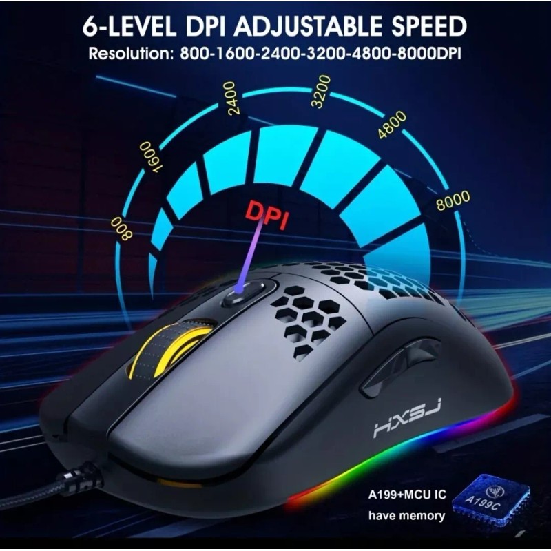 HXSJ J900 Wired Programmable Gaming Mouse RGB Lighting