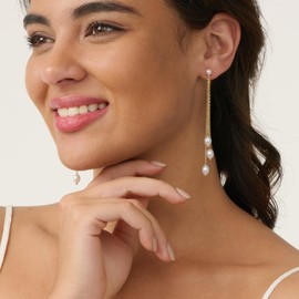 PRTGL Pearl Dangle Earrings for Women: Trendy 14k Gold Double Chain Pearl Drop Dangle Earrings.