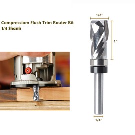 Akylin Ultra-Perfomance Compressiom Spiral Flush Trim Router Bit 1/4 Shank, 1/2" Cutting Dia, 1" Cut Height, Solid Carbide Template Top Bearing Router Bit for Woodworking Trimming-6.35x12.7X 25.4x67
