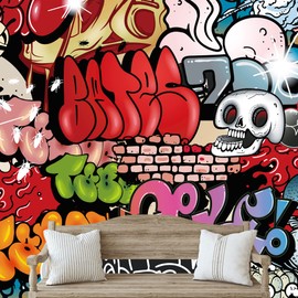 NWT Removable Wall Sticker/Wall Mural Cartoon Style Skull Spray Paint Graffiti & Street Art Typography Digital Art Pop Art Decorative Colorful for Living Room, Bedroom, Office - 100"x144"